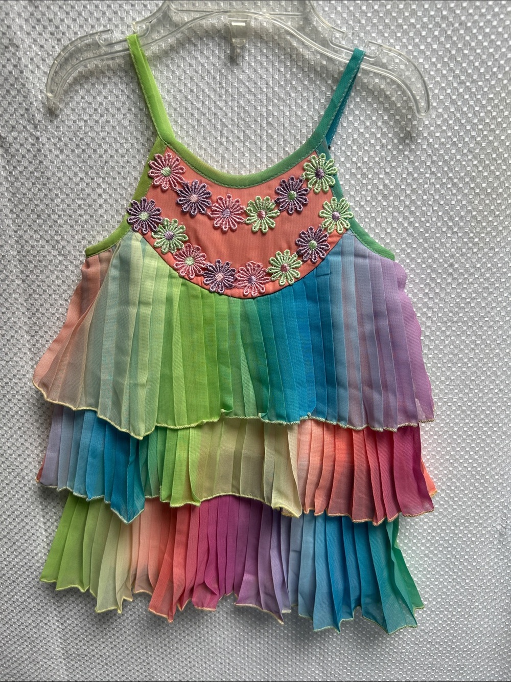 Baby Sara Rainbow Pleated Tiered Dress with Floral Trim. NWT. Adorable!